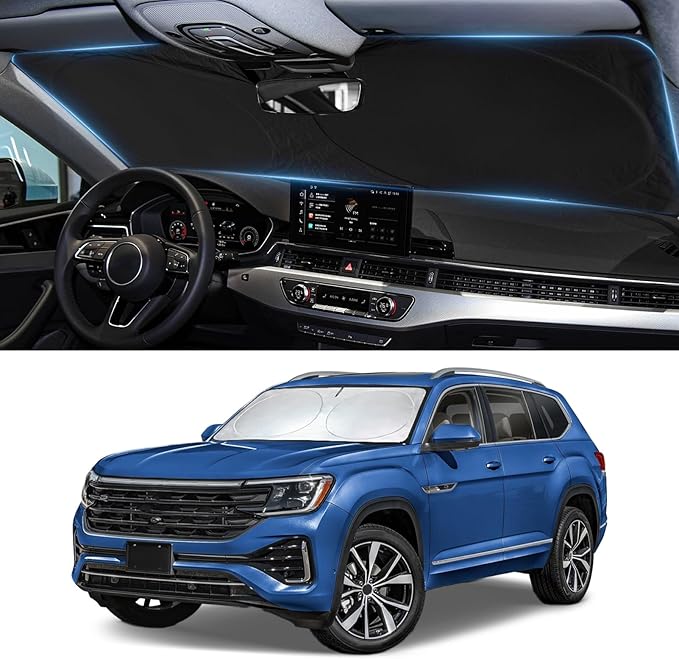 Sun Shade for Volkswagen Atlas 2018-2024 2025 2026 Windshield Sunshade | Custom Fit VW Atlas Cross Sport Accessories Front Window Shield Windshield Cover Sun Visor Protector by BOODANCARS