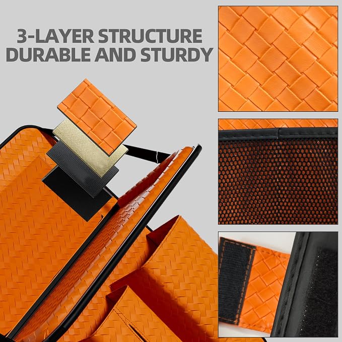 Car Back Seat Organizer, Black Woven Leather Storage Bag, Multifunctional Rear Seat Protector with Tablet Holder, 25.2x17.7 Inches, Abrasion Resistant, Orange - Image 6