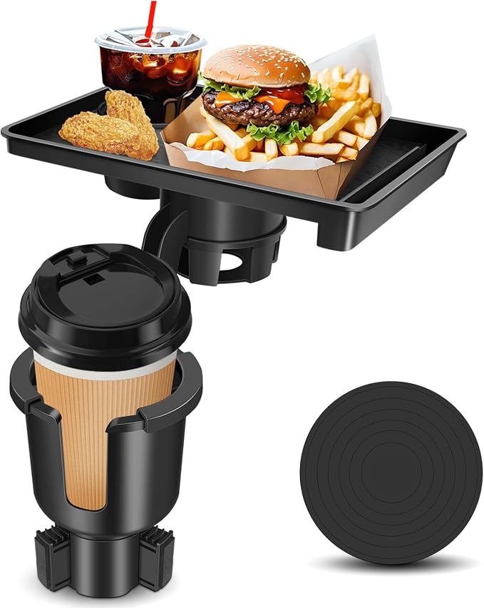 JPart Car Cup Holder Tray, Cup Holder Expander, 2 in 1 Detachable Car Food Tray with 360°Rotation Tray for Eating, Storage and Travel Road Essentials, Black by JPart