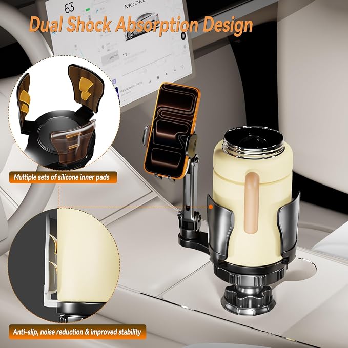 EXELIQ 2-in-1 Cup Holder Expander with Phone Mount, Adjustable Cup Holder | Fits Large Bottles, Tumblers & Fast Food Drinks, 360° Rotating Phone Mount for 4.7–7" Smartphones, Universal Car Use - Image 2