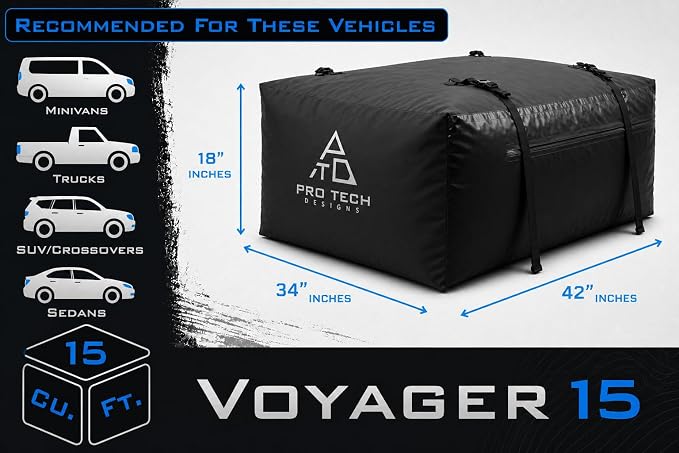 Voyager 15 Waterproof Rooftop Cargo Carrier Bag, 15 Cubic Feet Vehicle Roof Storage with Straps & Door Hooks, Weatherproof Car Top Carrier for SUVs, Vans, RVs & Trucks, 42" x 34" x 18" - Image 3