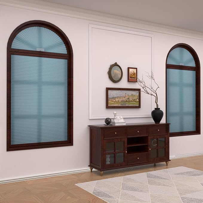 Myshade Arch Window Shades Half Circle Light Filtering Cellular Shades Cordless No Drill Blinds for Windows Half Moon Honeycomb Fabric No Tools Shades Easy Install (1PCS Blue 24" W X 12" H) - Image 2