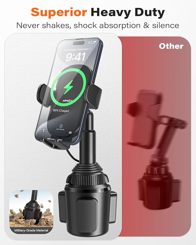 APPS2Car 15W Qi Wireless Car Charger Solid Cup Holder Mount, Adjustable Long Arm & 360° Rotation, Fits 3"–4" Round Cup Holders, Works with Cases ≤ 4 mm (No Metal Attachments) - Image 2