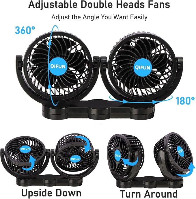 QIFUN 12V Car Fan, Portable Car Fan Cool Gadgets for Rear Seat Passenger, 4'' Headrest 360° Rotatable Backseat Car Cooling with Stepless Speed Regulation for Vehicles, SUV, RV, Boat - Image 2