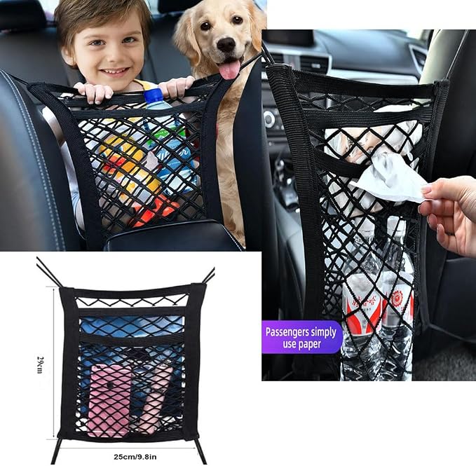 3-Layer Car Mesh Organizer, Dog and Kid Pet Barrier, Seat Back Net Bag Holder, Storage Organizer, Cargo Tissue Handbag Purse Holder, Driver Storage Netting Pouch - Image 4