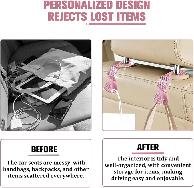 4PCS Bling Car Seat Headrest Hook, Crystal Rhinestone Backseat Hanger Organizer for Purse Handbag Umbrella, Shiny Auto Interior Seat Back Storage Holder Hook, Universal Fit (Pink2) - Image 6