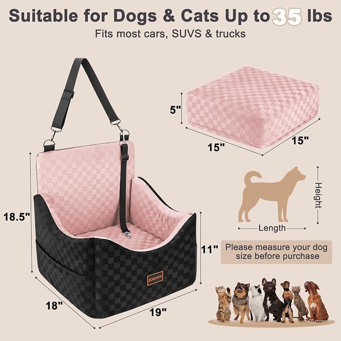 JOEJOY Elevated Dog Car Seat for Small/Medium Dogs up to 35 lbs, Memory Foam Booster Seat with Detachable Washable Cover, Travel-Safe Car Bed with Safety Belts & Storage Pockets, Pink - Image 8