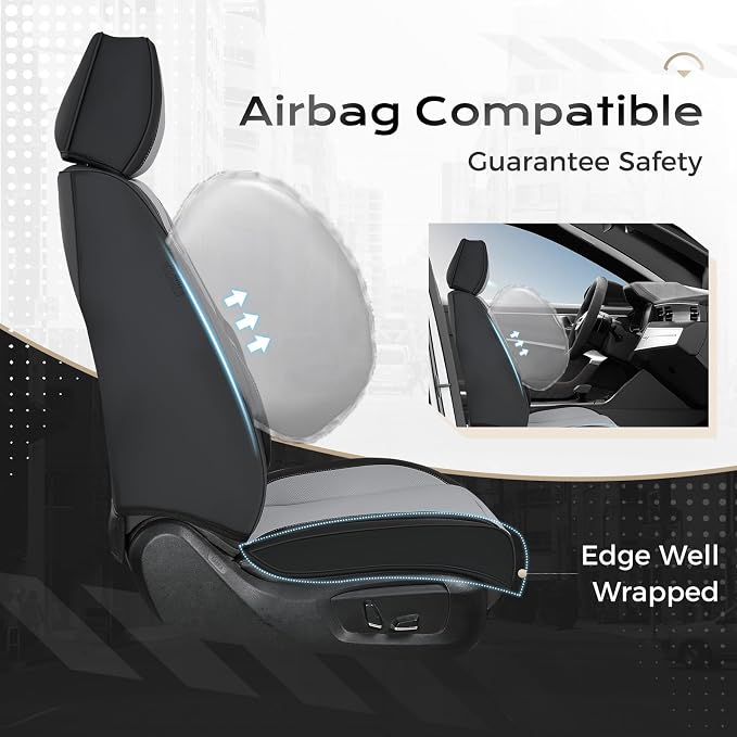 Coverado Seat Covers, Car Seat Covers Front Seats, Car Seat Cover, Car Seat Protector Waterproof, Car Seat Cushion Leather, Seat Covers Carseat Cover Universal Fit for Most Cars Black-Gray - Image 3