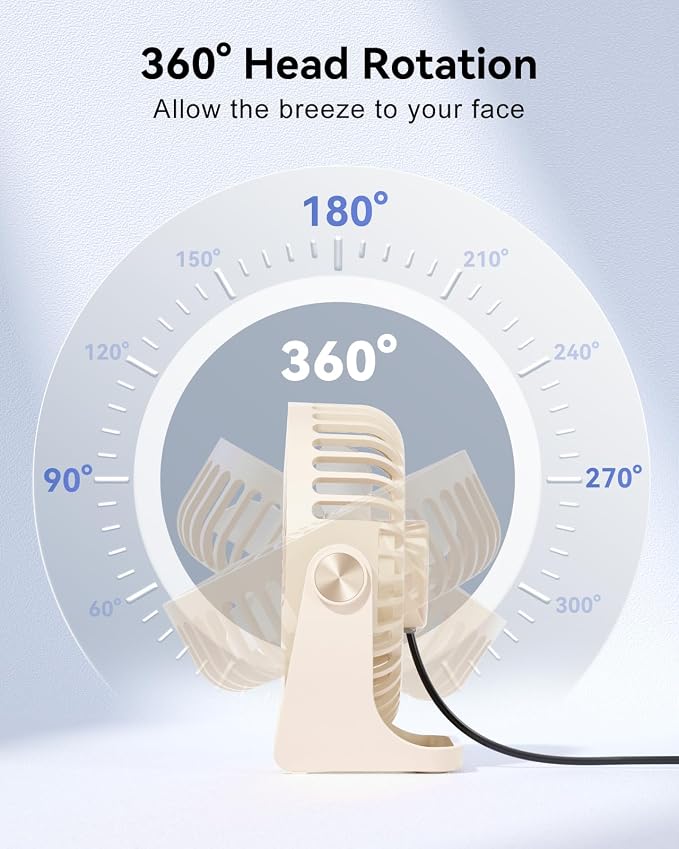 Edvision USB Desk Fan, 5 Inch Small Portable, 3 Speeds Powerful Wind Mini Personal Desktop Fan 360° Rotation Adjustable, Plug In USB Fan Quiet for Table Home Office Travel Car(Beige) - Image 3