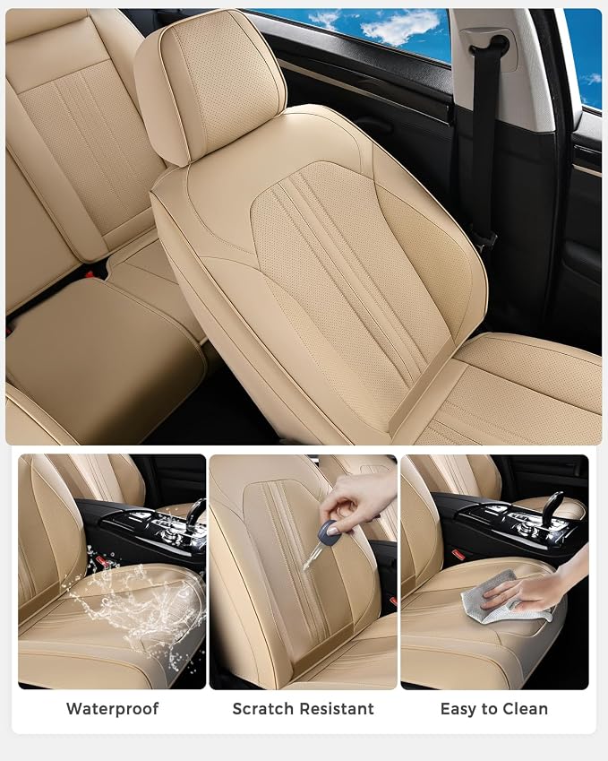 Huidasource Beige Seat Covers, Luxury Faux Leather Car Seat Cover, Velcro Adjustable, with Airbags, Seat Belts, Thinning Design Perforation Cooling＆Heating Fit for Most Cars, Vans, Trucks, SUVs, Beige - Image 7