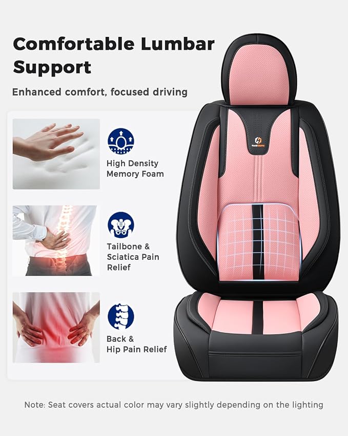 Huidasource Car Seat Covers Front Seats Luxury Nappa Leather, Front Seat Covers with Airbag, Front Storage Pocket, Lumbar Support, Cooling＆Heating, Universal Fit for Most Cars SUV Trucks, Black&Pink - Image 3