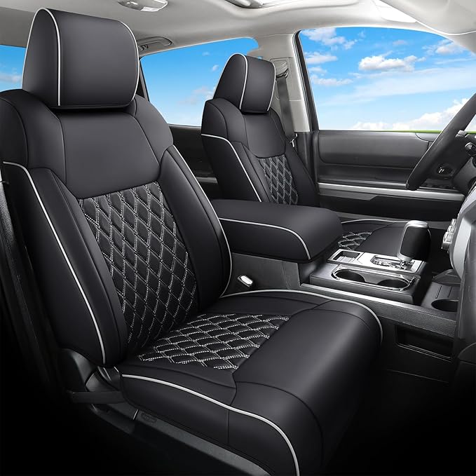 Huidasource Tacoma Seat Covers Full Set, Nappa Leather Pickup Seat Cushion Cover Fit for Toyota Tacoma 2024-2026 Double&Crew Cab SR SR5 Limited TRD Sport/Off Road Trailhunter (Full Set/Black&White) by Huidasource