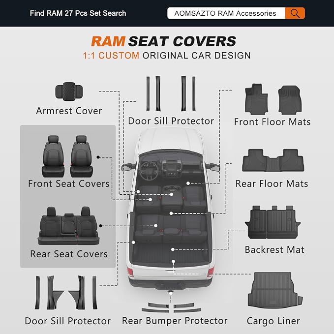 AOMSAZTO Custom Fit Seat Covers for Dodge RAM 1500 2019-2026 Crew Cab Only | Diamond-patterned stylish seat covers, Full Seat, Pickup Seat Covers, Premium Faux Leather, Perfect Fit, Airbag Compatible - Image 9