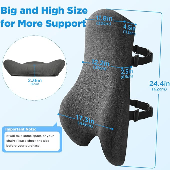 Teemour High Back Support Pillow for Office Chair, Fully Support Back Cushion - Memory Foam Lumbar Support Pillow for Office Chair, Desk, Gaming Chair, Promotes Posture Pain Relief Adjustable Straps - Image 2