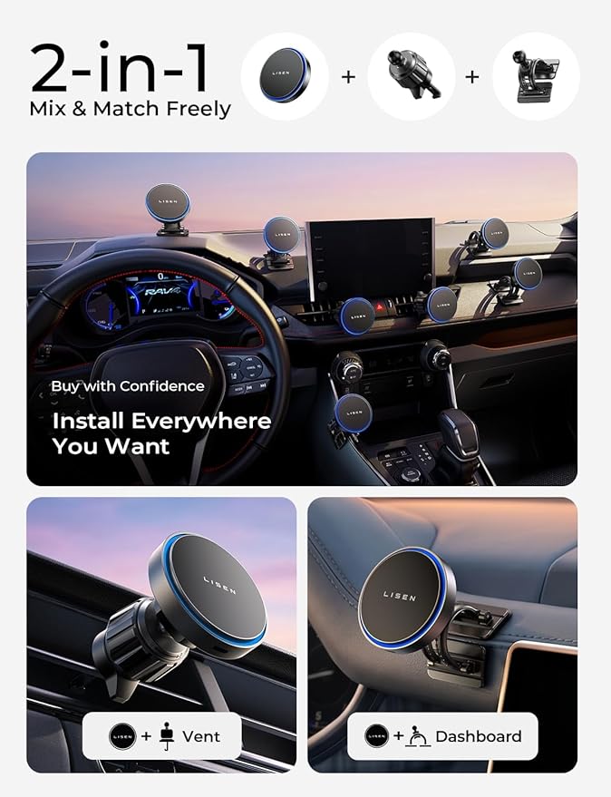 LISEN 15W MagSafe Car Mount Charger, Magnetic Phone Holders for Your Car | [Dual Mounting Type for 99% Vehicles] Magsafe Car Mount,15W Magnetic Wireless Car Charger Car Accessories for iPhone 17-12 - Image 2
