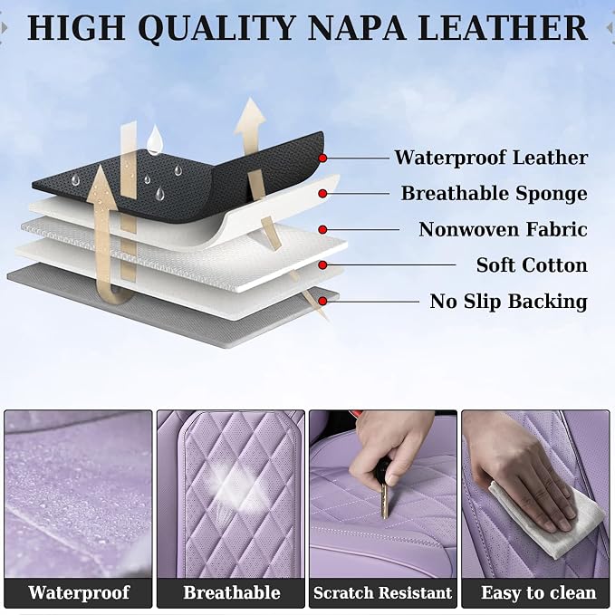 Coverado Car Seat Cover Front Seats, 2-Pack Luxury Faux Leather Seat Covers, Purple Car Seat Cover, Waterproof Car Seat Protectors, Driver Front Seat Cover Universal Fit for Most Cars, Purple - Image 4