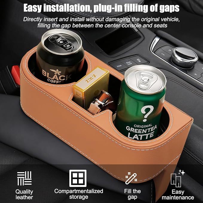 Car Seat Gap Filler Organizer with Cup Holder, Leather Multifunctional Vehicle Front Seat Crevice Storage Box Bag, Automotive Console Side Bucket Pocket, Universal Fit (Brown) - Image 3