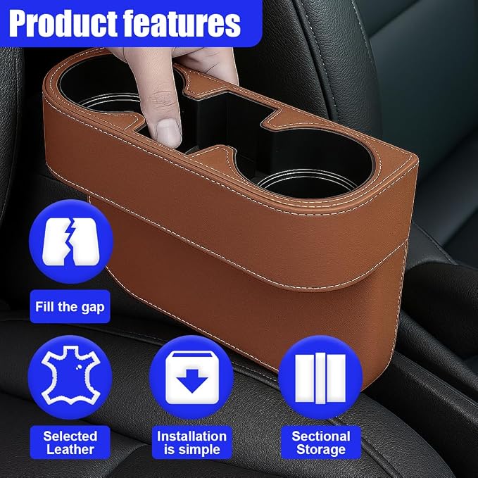 YoRise Car Cup Holder, PU Leather Automotive Cup Drink Holder, Car Seat Gap Filler Storage Box, Multifunctional Front Seat Organizer, Cell Mobile Phone Holder, Coin Bucket (Brown) - Image 5
