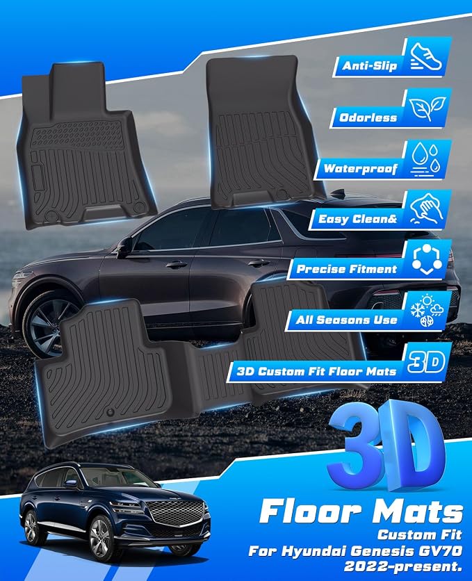 Sunsdrew Floor Mats for 2022-2025 2026 Genesis GV70 Accessories (Not for Electrified GV70), All Weather Car Mats Front Rear 2 Rows Floor Liners TPE Rubber Raised Edge - Image 3