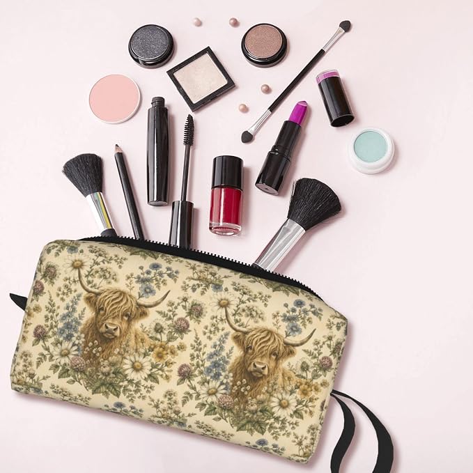 Highland Cow Wildflower Meadow Small Makeup Bag for Women | Double-Sided Highland Cow Floral Cosmetic Organizer with Foam Padding for Women, Travel, Gym, School, and Daily Storage - Image 6