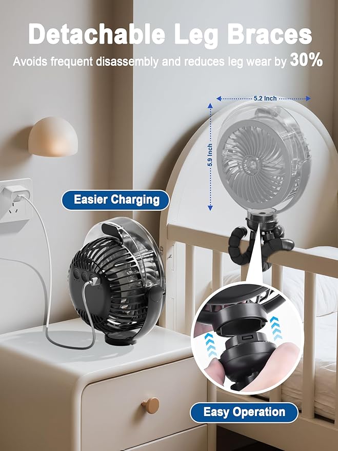Misting Stroller Fan, 6000mAh Battery Operated Portable Fan with Light & 360° Pivoting, Personal Fans with Flexible Tripod for Baby, Office, Travel,Treadmill,Outdoors - Image 3