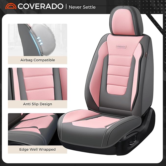 Coverado Car Seat Covers Full Set, Nappa Leather Seat Covers for Cars, Car Seat Protector Car Seat Cushion, Front and Back Seat Protectors Cushions Universal Fit for Most Cars Vehicles(Gray&Pink) - Image 6