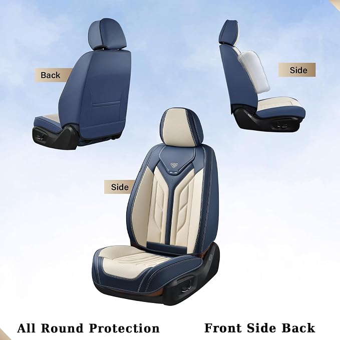 Coverado Car Seat Covers Full Set, Leather Seat Covers for Cars, Waterproof Automotive Seat Covers Car Seat Protectors Car Accessories Universal Fit for Most Sedans SUV Pick-up Truck(Blue&Beige) - Image 3