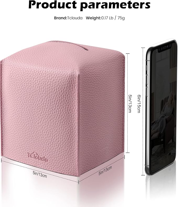 Tissue Box Cover for PU Leather, Modern Simple Solid Color Holder Square Tissue Bag, Ideal for Bathrooms,Office,Car,Nightstand,Outdoor Tent,Dining Table,5"X5"X5", Single Pink - Image 2