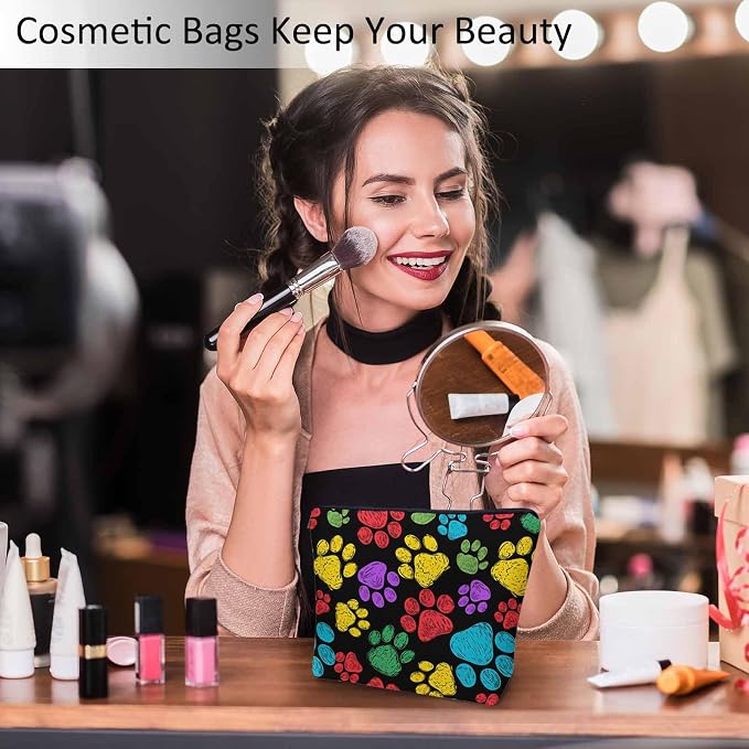 Woman Makeup Bag Dog Paw, Rainbow Doodle Paw Prints Cat Footprint Makeup Bags Travel Cosmetic Bags Toiletry Makeup Organizer Pencil Pouch Make Up Cosmetic Bag For Owners Lady Birthday Gifts - Image 2