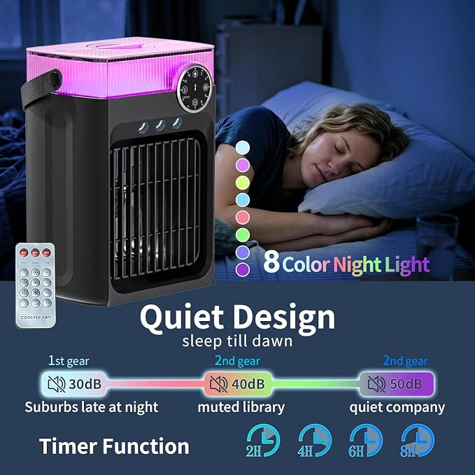Portable Air Conditioner, Mini AC Unit for Bedroom | 1200ML Small Cooling Fan with Remote, 3 Mist 3 Speed 2-8H Timer Personal Air Cooler for Room Camping Office Car,Black - Image 6