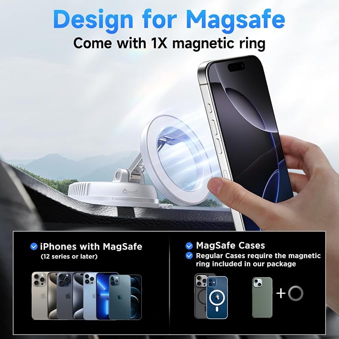 ANDERY Car Phone Holder for Magsafe [78+LBS Max Suction & 2400gf Magnetic] | 360° Adjustable Car Phone Mount, Phone Holders for Your Car for iPhone 17-12 Pro Max Air Plus (White) - Image 6
