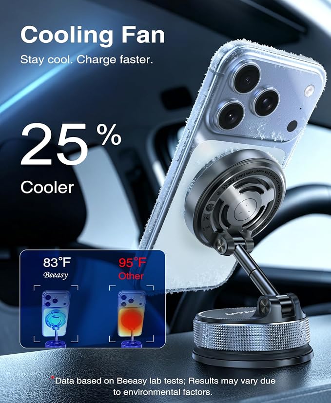 Beeasy 25W Qi2.2 MagSafe Car Mount Charger Built-in Cooling Fan, Upgraded Vacuum Suction Cup 360° Rotation, Magnetic Wireless Car Charger with 63W Adapter for iPhone 17 16 Pro Max Samsung S26 Ultra - Image 3