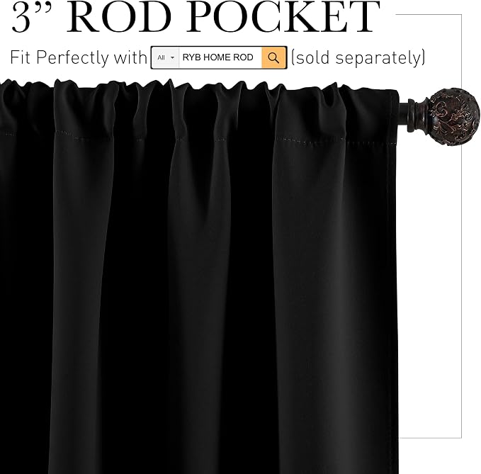 RYB HOME Blackout French Door Window Curtain Coverings, Rod Pocket | Thermal Insulated, Privacy Protection, Non See Through, Drapes for Small Window Bathroom Kitchen, W29 x L45, Black, 2 Panels - Image 2