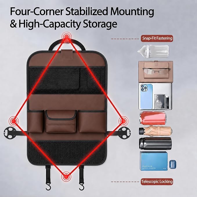 2 Pack Leather Car Backseat Organizer with Foldable Table Tray, Universal Car Seat Back Protector Kick Mat with Touchscreen Tablet Holder, Storage Pockets, Cup Holders & Tissue Holder, Brown - Image 8