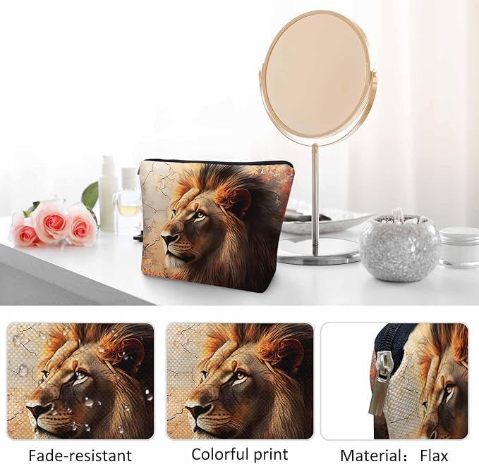 Makeup Bag Lion Makeup Bags For Purse Pouch, Wildlife Forest King Lion Travel Toiletry Bag Cosmetic Bag Makeup Bags Flax Makeup Organizer Bag Pencil Pouch For Man Woman, Brown - Image 5