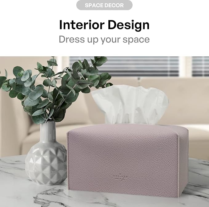 Carrotez Tissue Box Cover, [Refined] Modern PU Leather Rectangular Tissue Box Holder - Decorative Holder/Organizer for Bathroom Vanity Countertop, Night Stands, Office Desk 9.5"X5"X5" - Lavender - Image 4