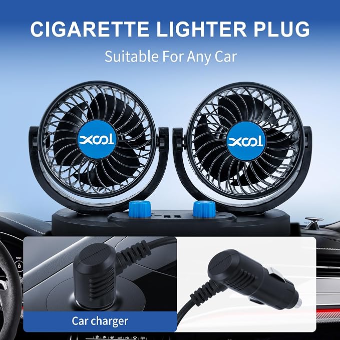 XOOL Car Fan – Car Cooling Fan with 2 USB Charging Ports, Quiet Strong Airflow, Cigarette Lighter Plug, Fan for Car, Vehicles, RVs, and SUVs - Image 6