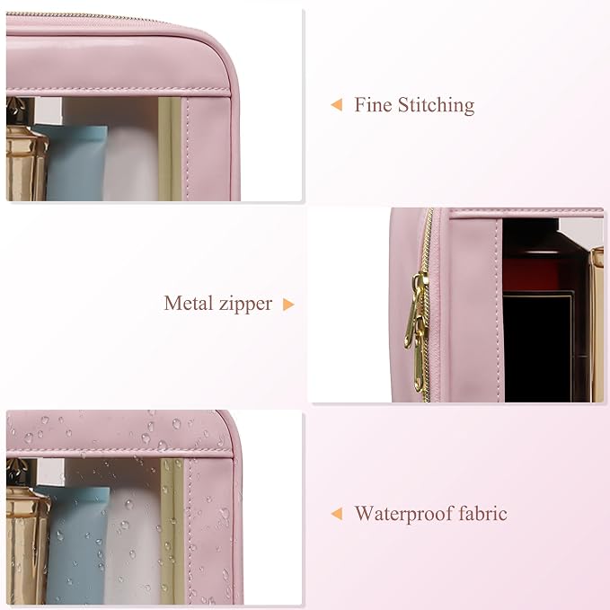 3-Piece Travel Clear Makeup Bag Set, Small Cosmetic Bag with Makeup Brush Case, Leather Waterproof TSA Approved Toiletry Bag with Zipper, Car Organization for Women (Pink-2, Mini+Slim+Medium) - Image 3