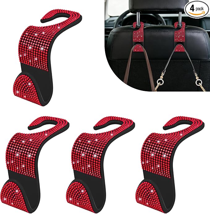 4PCS Bling Car Seat Headrest Hooks, Purse Holder for Car, Vehicle Back Seat Purse Handbag Hanging Holder with Crystal Rhinestone, Diamond Car Rear Seat Organizer for Vehicles (Red) by Unknown