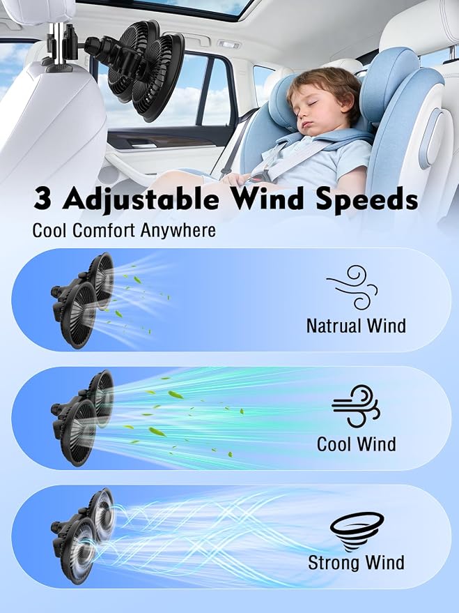Car Fans for Backseat, 3600mAh Battery & USB Car Seat Fan with LED Display | 5V/2A,3 Speeds,360°Rotation, Dual Head Rechargeable Carseat Fan for Kids Baby Rear Facing Cooling Fan for Vehicle RV - Image 4