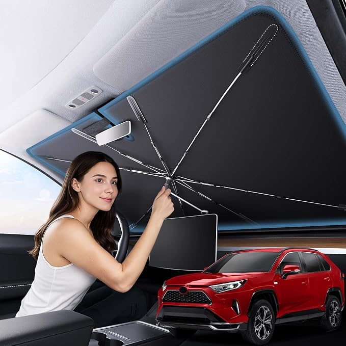 Zanch 2026 Upgraded Car Windshield Sun Shade [Cool Down by 75℉ ] with Heat Insulation Coating, Foldable Sunshade Umbrella with Flexible Handle & Ribs, Extra Small (51''x29'') for Compact Cars by Zanch