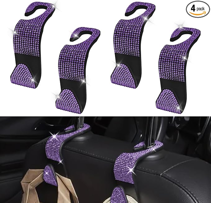 Bling Car Seat Headrest Hooks Purple Car Accessories for Women Crystal Rhinestone Auto Seat Back Hanger Storage Organizer for Purse Handbag Coat, Universal Purse Hook for SUV Truck（4PCS Purple） by Unknown