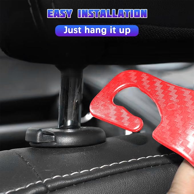 4 Pack 4.13 Inch Carbon Fiber Car Seat Headrest Hooks, Red | plastic body, supports up to 55 lb, tool-free post fit, rotates beneath headrest when idle, interior storage accessory - Image 3