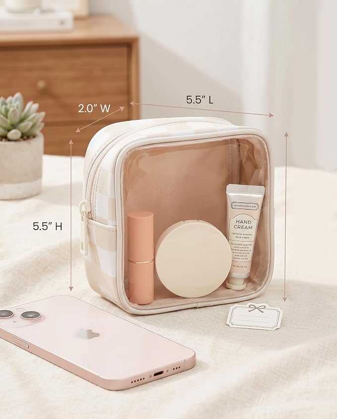 Clear Checkered Makeup Bag, Small Cosmetic Pouch with Zipper Mini Waterproof Makeup Purse Organizer Cute Cosmetic Bag Travel TSA Approved Toiletry Bag Car Organizer for Women Girls (Beige) - Image 5