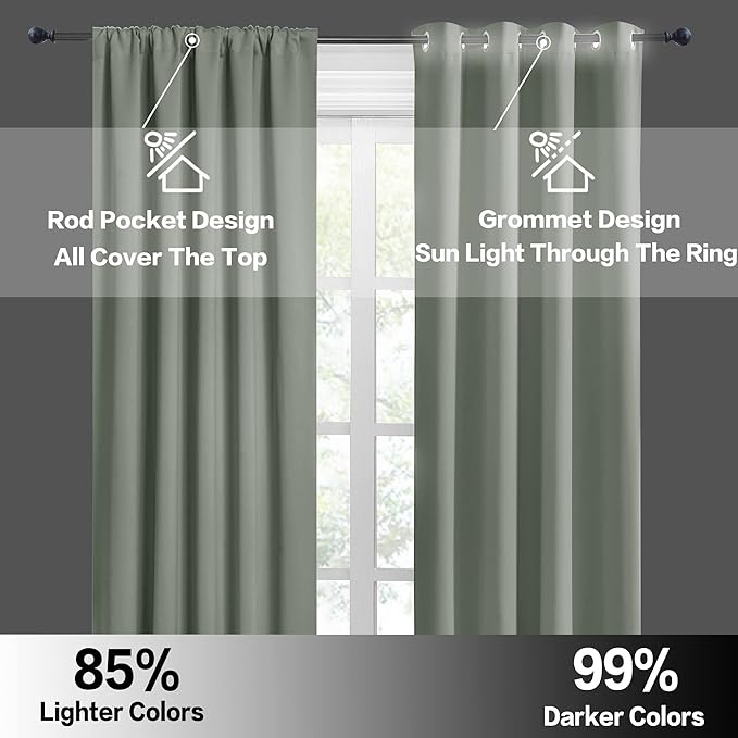RYB HOME Short Blackout Curtains for Bedroom, Room Darkening Insulated | Rod Pocket, Summer Heat Light UV Blocking, Energy Saving, Drapes for Nursery, W34 x L45, Greyish Green, 2 Panels - Image 6