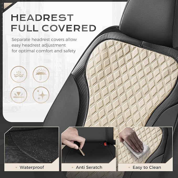 Coverado Car Seat Cover 5 Seats, Leather Seat Covers Full Set, Durable Waterproof Car Seat Protectors, Black and Beige Seat Cover, Spill-Proof Automotive Seat Covers Universal Fit for Most Cars - Image 2