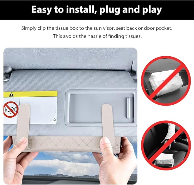Car Tissue Holder, Leather Sun Visor Hanging Napkin Holder with Tissue Refill, Clip-On Visor Mask Dispenser Premium Paper Towels Case for Vehicles, Universal Car Accessories (Beige) - Image 4
