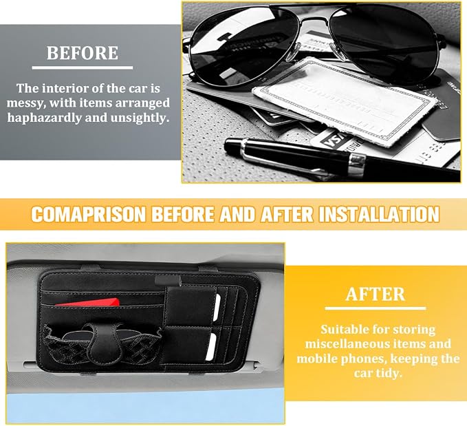 Car Sun Visor Organizer, Multifunctional Visor Storage Pouch with Sunglasses Holder & Card Sleeve Pocket, Auto Interior Organizer Pocket Bag for Pens Cards Documents, Universal Fit (Black) - Image 6
