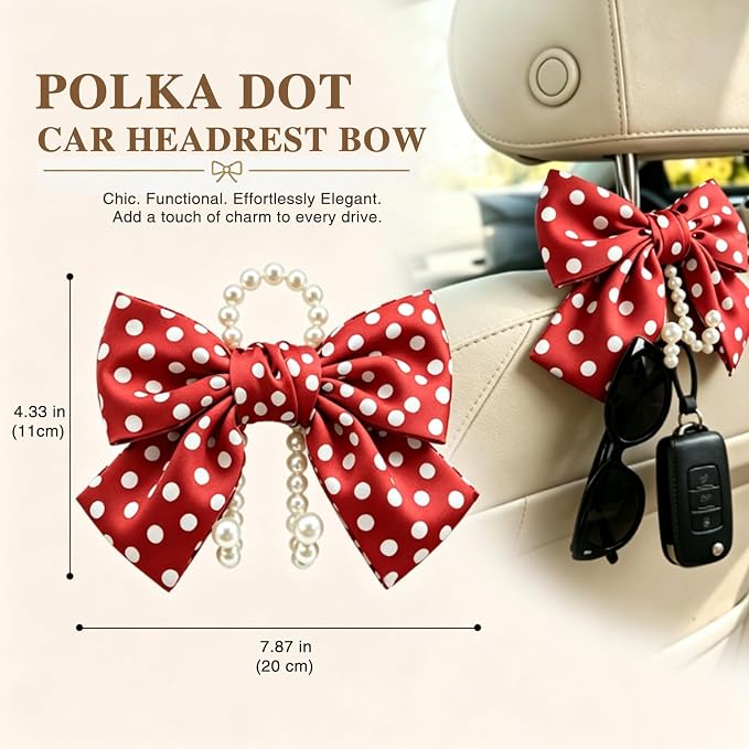 2 Pack Pearl Car Seat Headrest Hook with Bow & Sequin/Leopard/Polka Dot Design – Cute Purse Hanger for Vehicle,Grocery Bags, Umbrellas, Seat Back Organizer for Women (Red Polka Dot) - Image 3