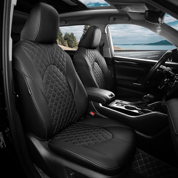 Custom Seat Covers for Toyota Highlander 2020-2026 7 Seats Black | faux leather, 2nd row captain chairs, waterproof, breathable, airbag compatible, stain resistant, easy install, durable by FEINEPRO